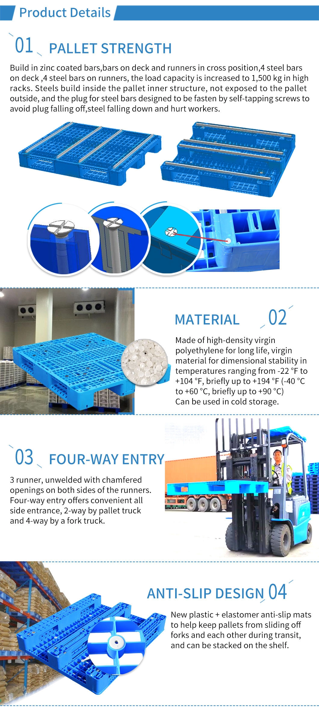 Wholesale OEM Industrial Heavy Duty Steel Reinforced Warehouse Rackable Storage Four Way Entry Durable HDPE Euro Plastic Pallets Price for Manufacturer/Supplier